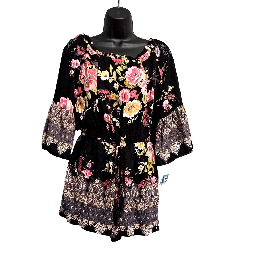 Angie Women Black Floral Off Shoulder Bell Sleeve Romper Size M Paisley Trim
